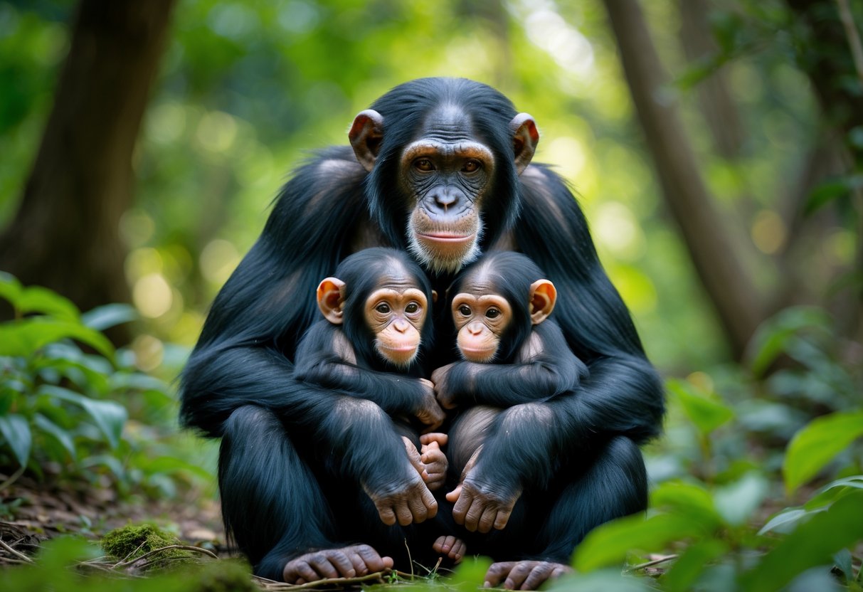 A chimpanzee mother sitting on the forest floor holding two baby chimpanzees close to her chest surrounded by green foliage.