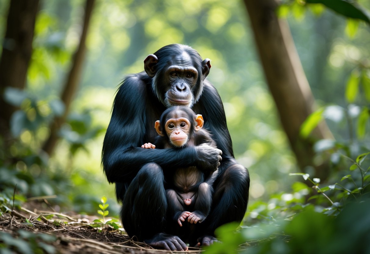 A mother chimpanzee sitting in a forest holding one baby chimpanzee close to her chest.