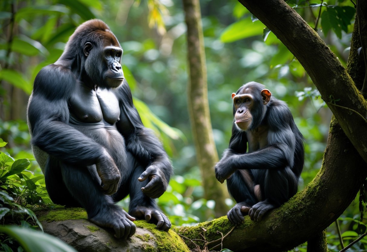 A silverback gorilla sitting on a rock and a chimpanzee perched on a tree branch in a green jungle setting.