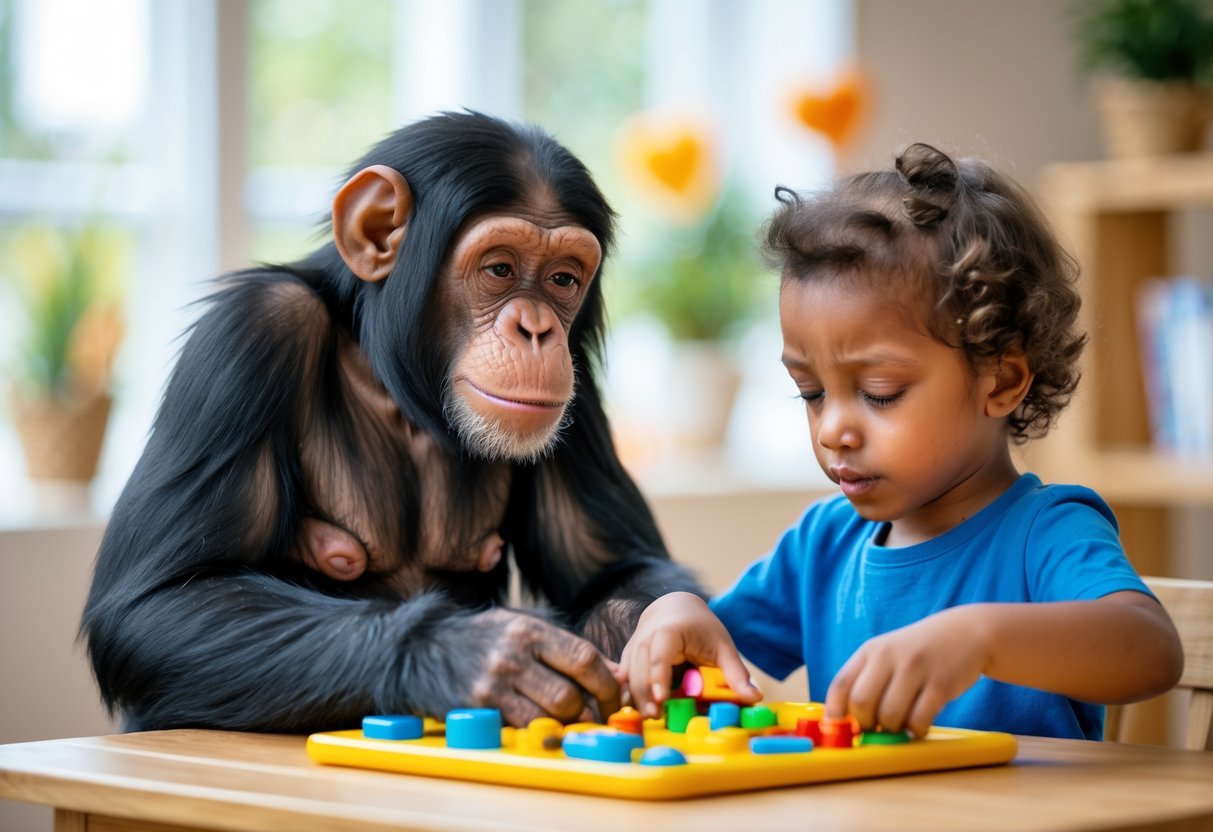 A young chimpanzee and a 7-year-old child sitting together at a table, both focused on solving a puzzle.