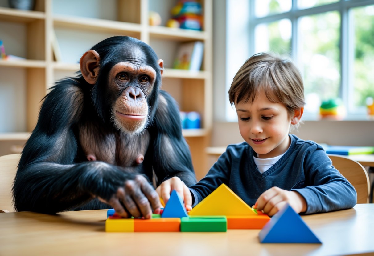 A chimpanzee and a 7-year-old child sitting side by side at a table, both engaged in solving a puzzle together.