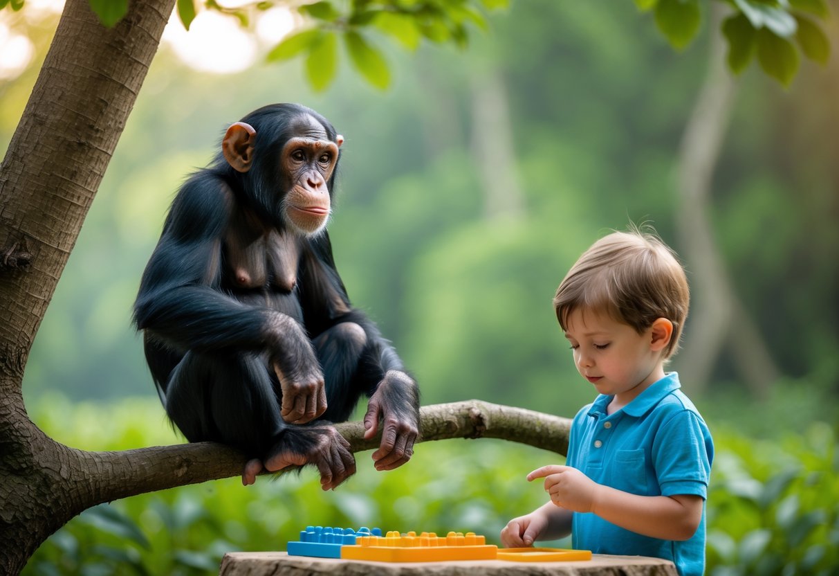 A young chimpanzee sitting on a tree branch looking curious near a 7-year-old child playing with educational toys on the ground in a forest.