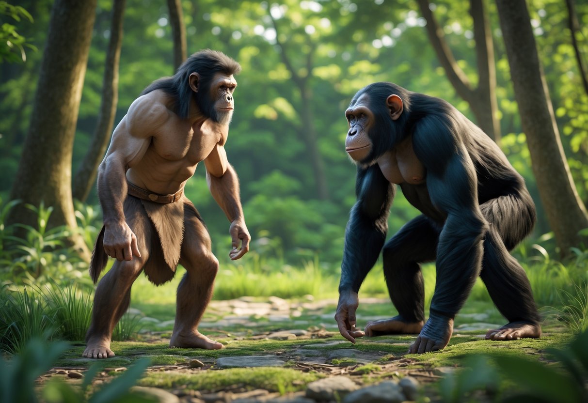 A Neanderthal man and a chimpanzee face each other in a forest clearing surrounded by trees and greenery.
