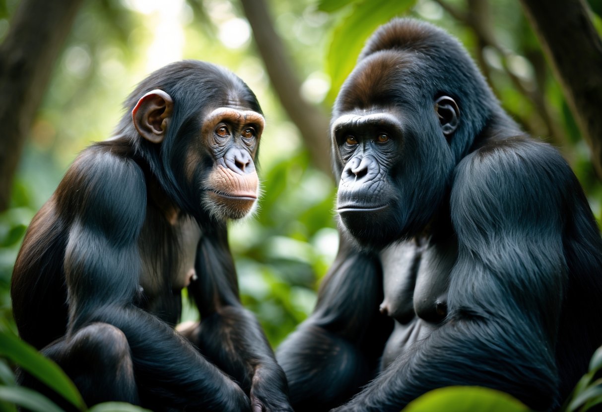 A chimpanzee and a gorilla sitting side by side in a green jungle, looking at each other with curious expressions.