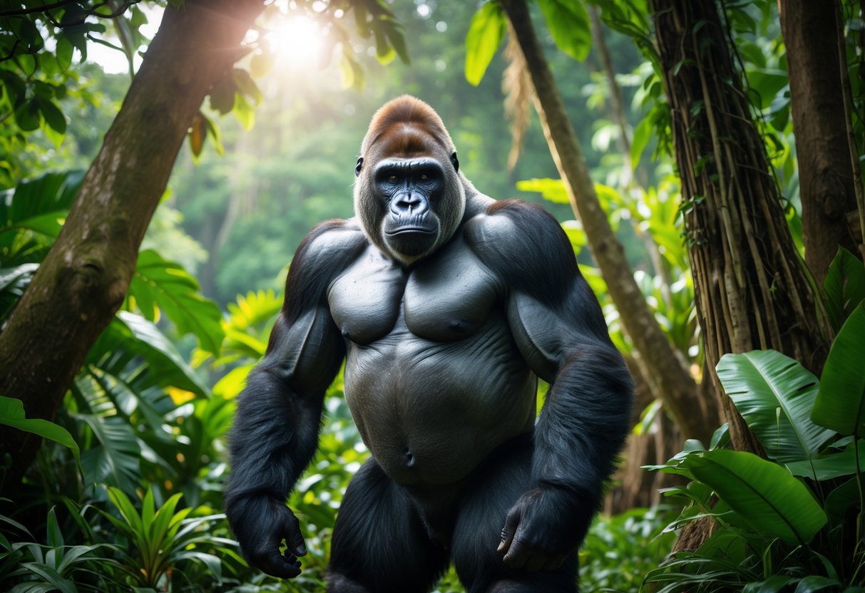 An adult gorilla standing in a dense jungle surrounded by green plants.