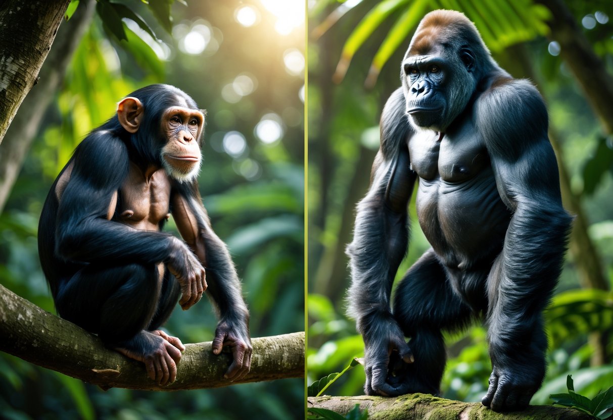 A chimpanzee sitting on a tree branch and a gorilla standing on the ground facing each other in a dense jungle.