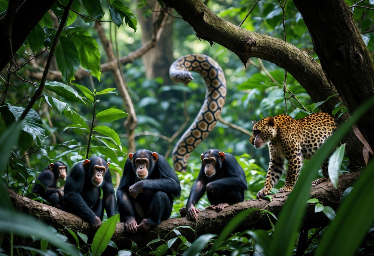 A group of chimpanzees in a jungle being approached by a leopard and a python among dense green foliage.