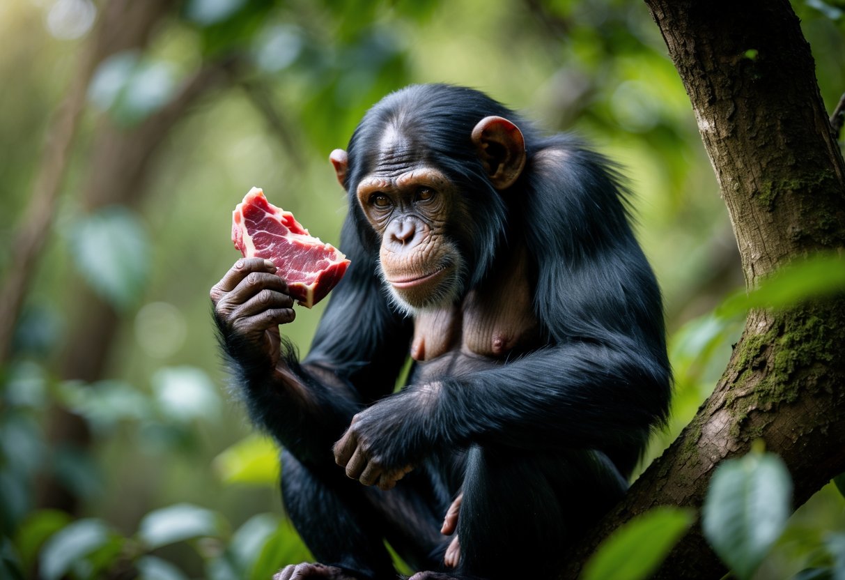 A chimpanzee sitting on a tree branch holding a piece of raw meat in a forest.