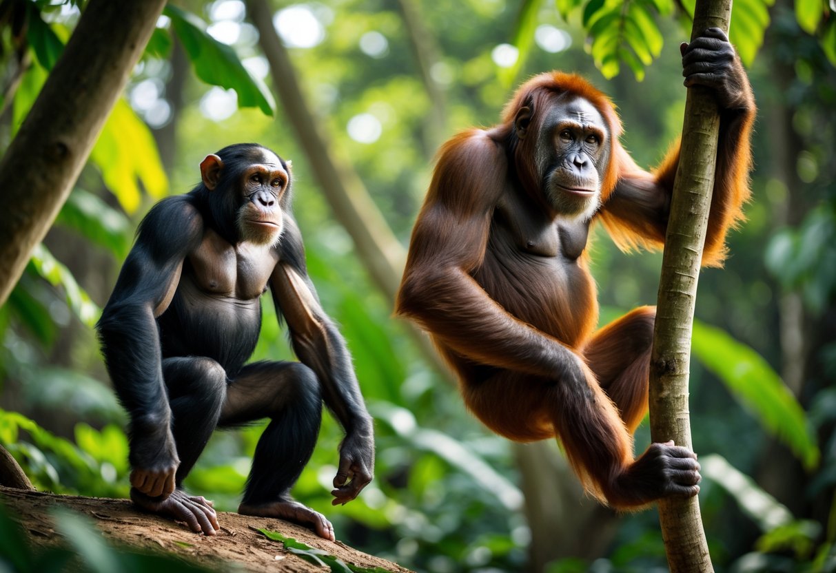 A chimpanzee standing on the ground next to an orangutan sitting on a tree branch in a dense jungle.