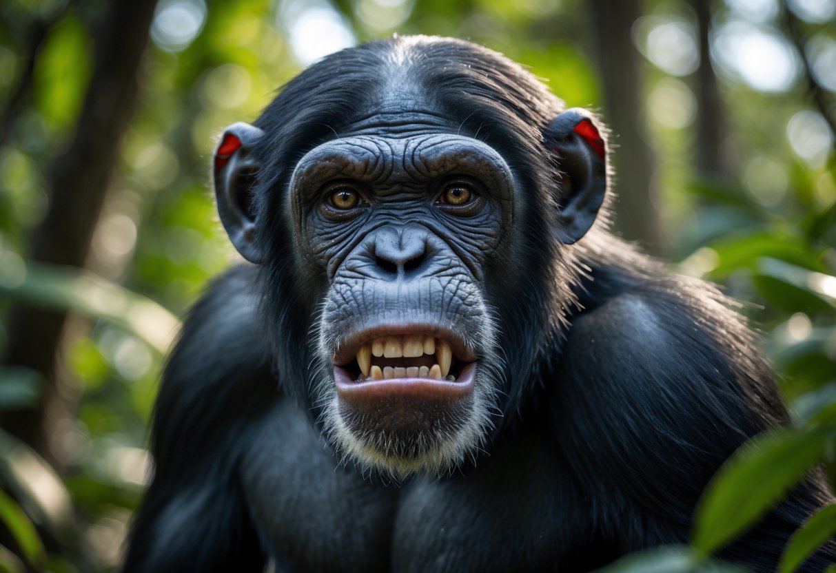 Close-up of a chimpanzee showing an intense and focused expression in a forest setting.