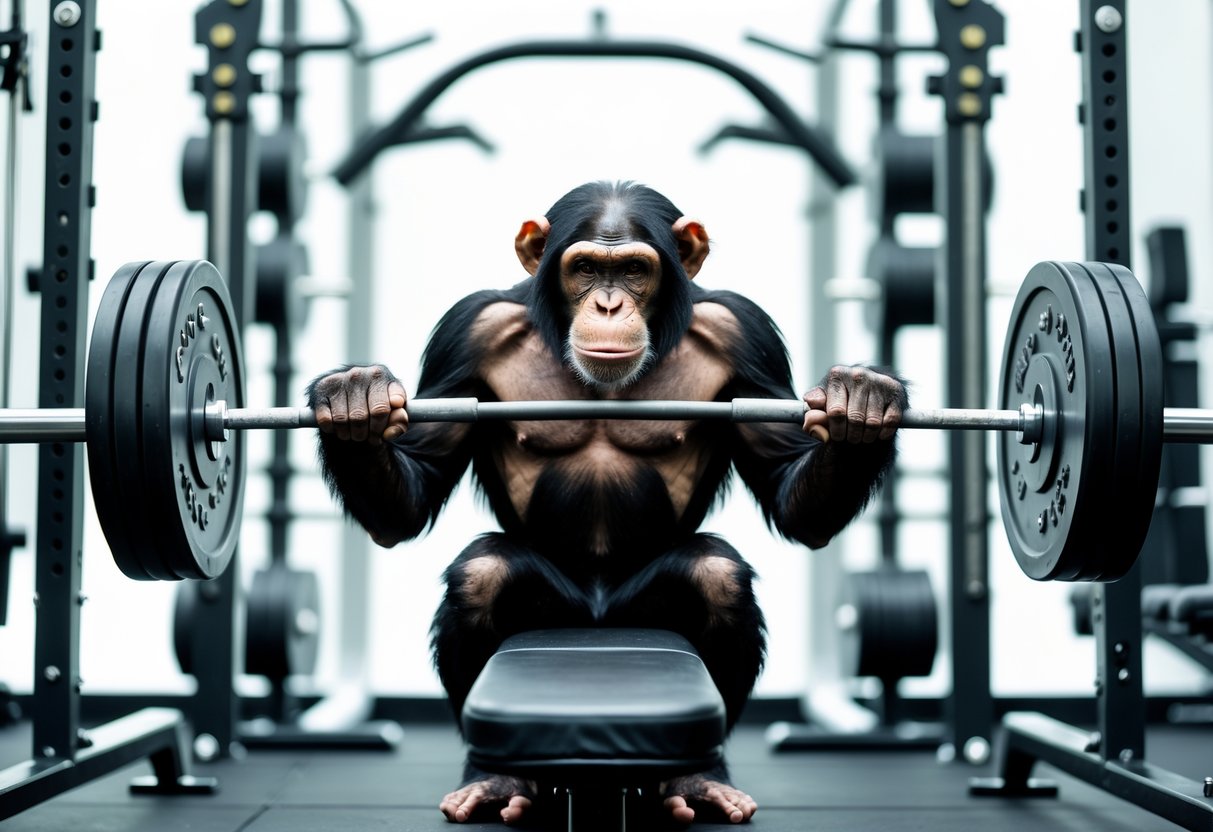 A chimpanzee lifting a barbell on a bench press in a gym.