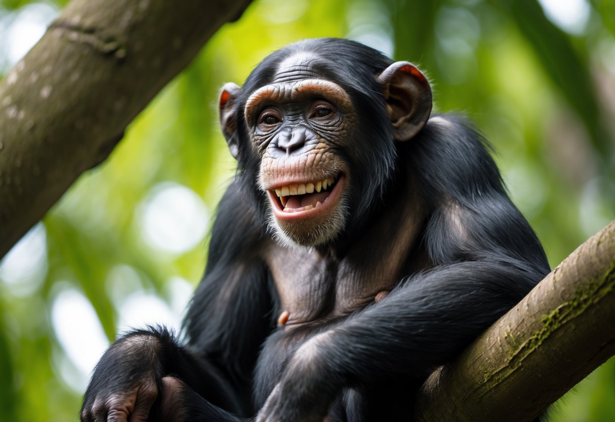 A chimpanzee sitting on a tree branch outdoors, showing a relaxed and happy facial expression.