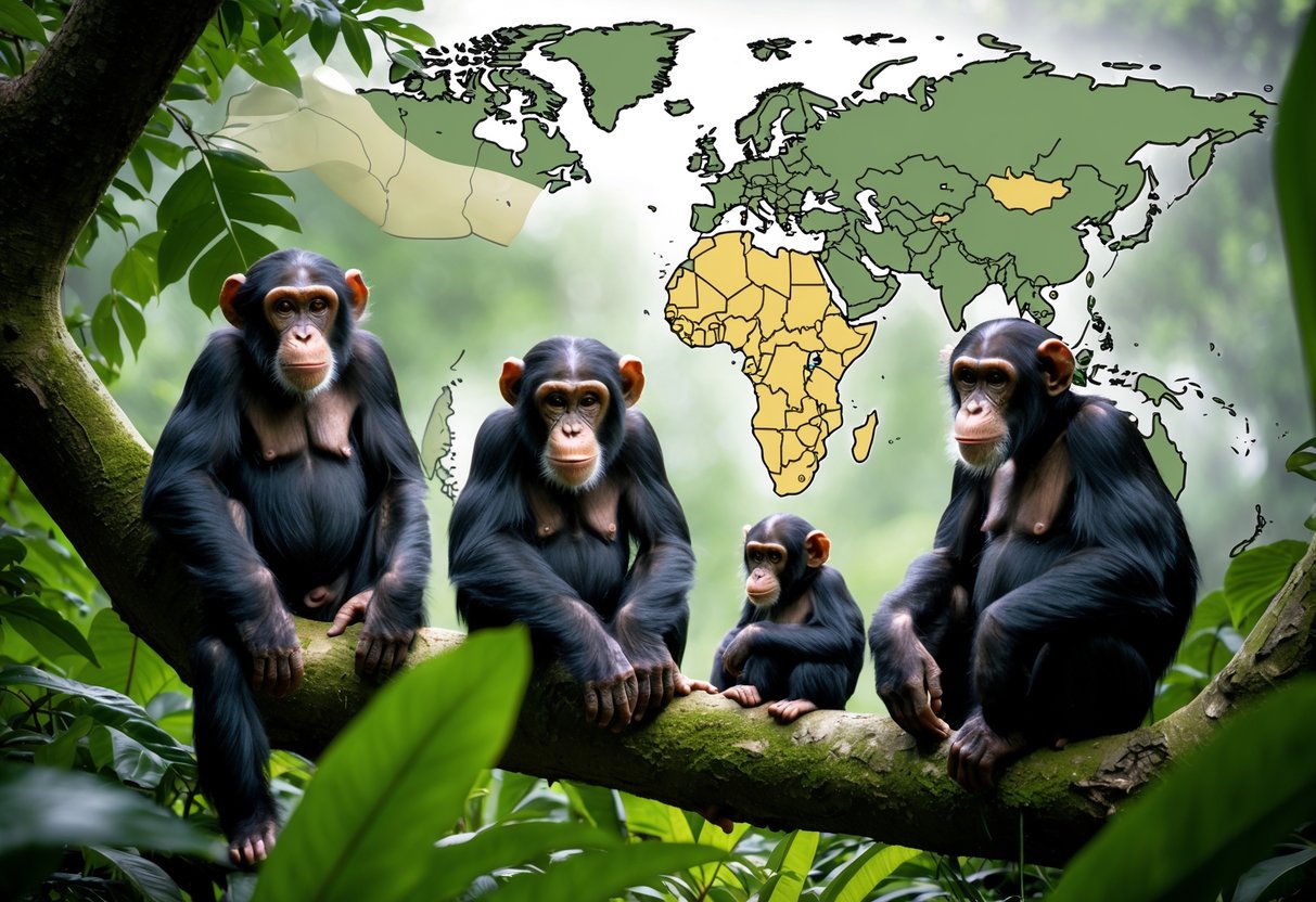 A group of chimpanzees of different ages in a dense tropical forest with sunlight filtering through the trees and a faint world map highlighting African regions in the background.
