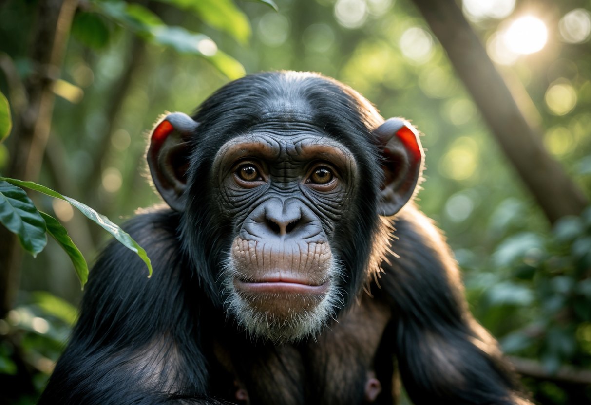 Close-up of a chimpanzee in a forest with green leaves and sunlight filtering through the trees.