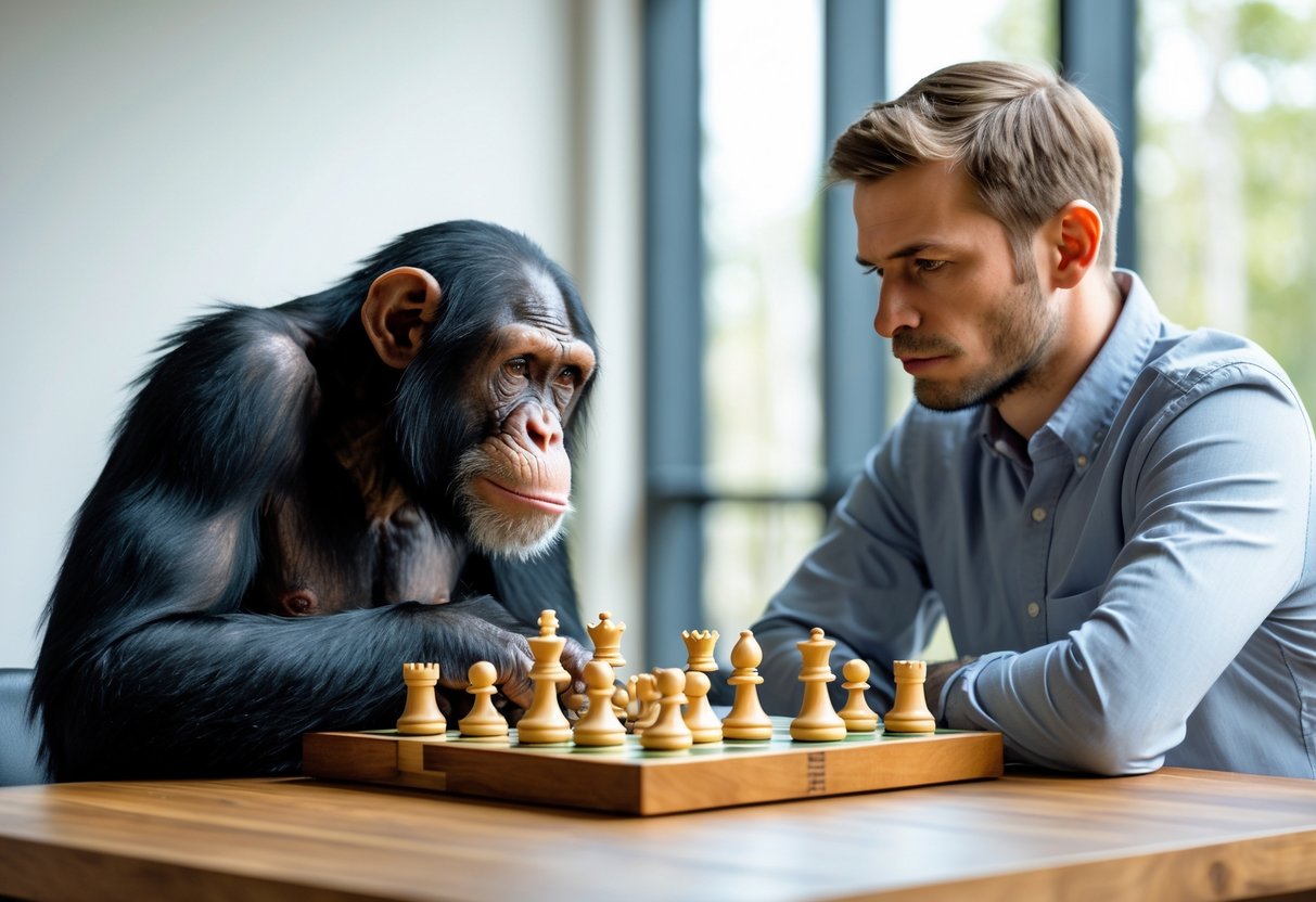 A chimpanzee and a man sitting at a table playing chess, both looking thoughtfully at the chessboard.