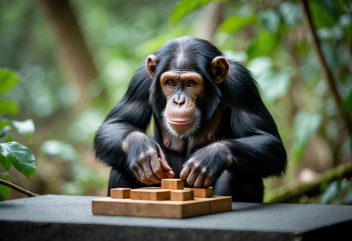 A chimpanzee sitting in a forest looking thoughtfully at a wooden puzzle in front of it.