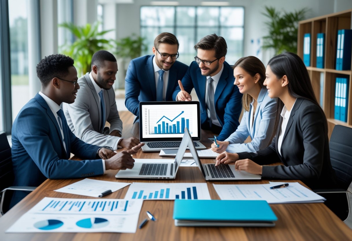 Mehrere Geschäftspersonen arbeiten gemeinsam an einem Businessplan in einem hellen Büro mit Laptops und Unterlagen auf einem Tisch.