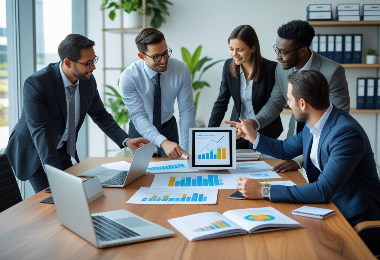 Mehrere Geschäftsleute arbeiten gemeinsam an einem Businessplan in einem hellen Büro mit Laptops und Dokumenten.