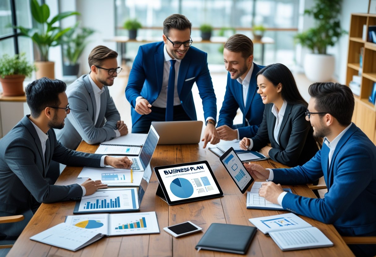 Mehrere Geschäftsleute arbeiten gemeinsam an einem Tisch an einem Geschäftsplan in einem hellen Büro.