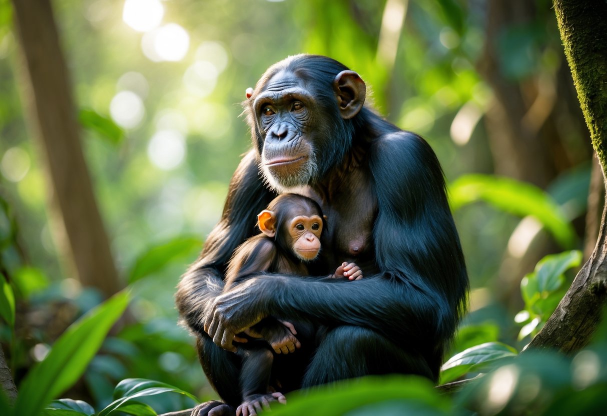 A female chimpanzee sitting in a jungle holding her baby chimpanzee close to her chest.