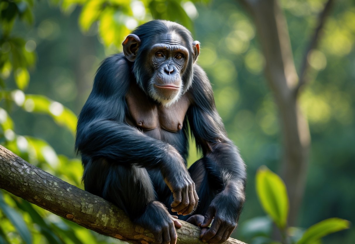 A mature chimpanzee sitting on a tree branch in a green forest, looking thoughtful.