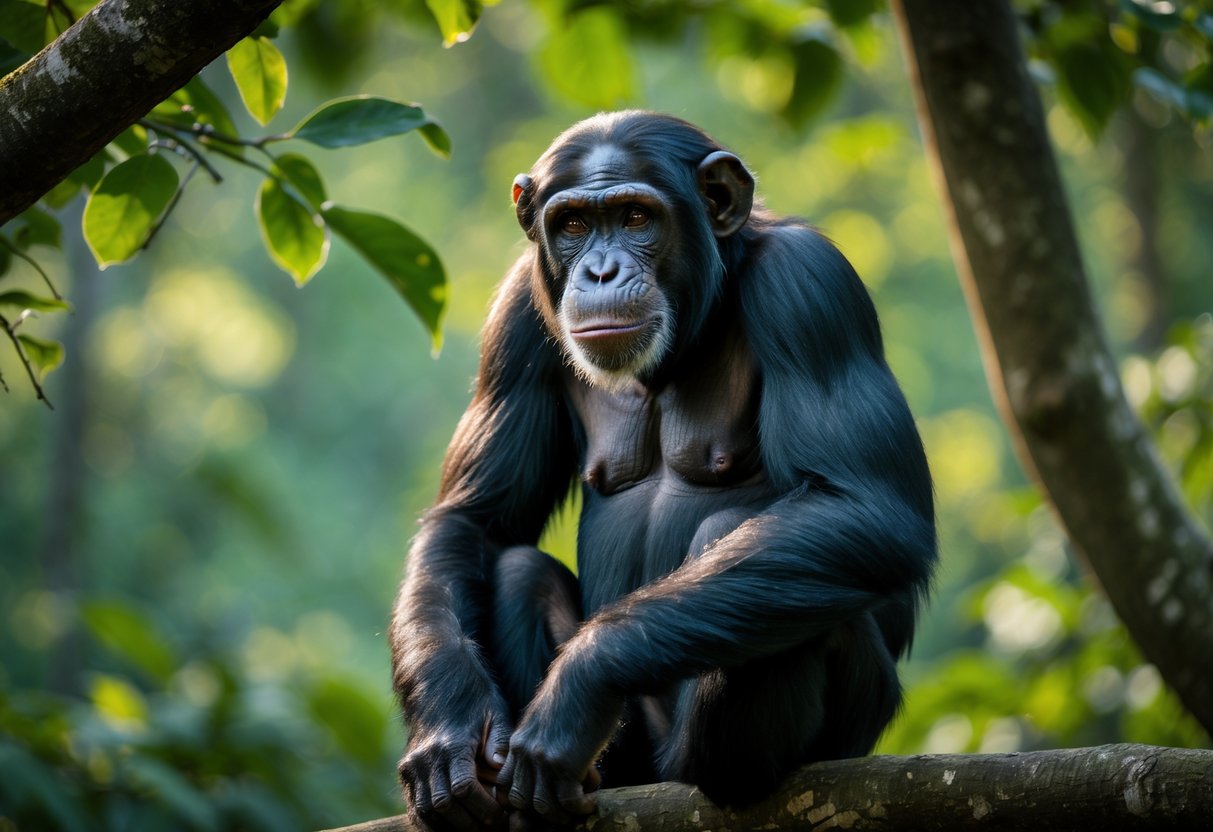 An adult chimpanzee sitting on a tree branch in a green forest, looking calm and healthy.