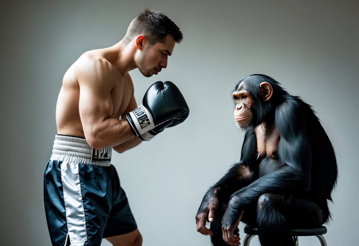 A human male boxer in gloves facing a calm chimpanzee sitting on a stool in an indoor setting.