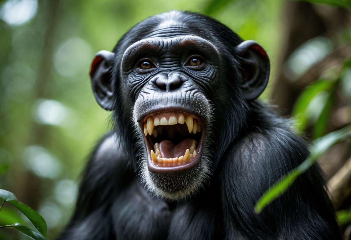 Close-up of a chimpanzee showing its open mouth and teeth in a forest setting.