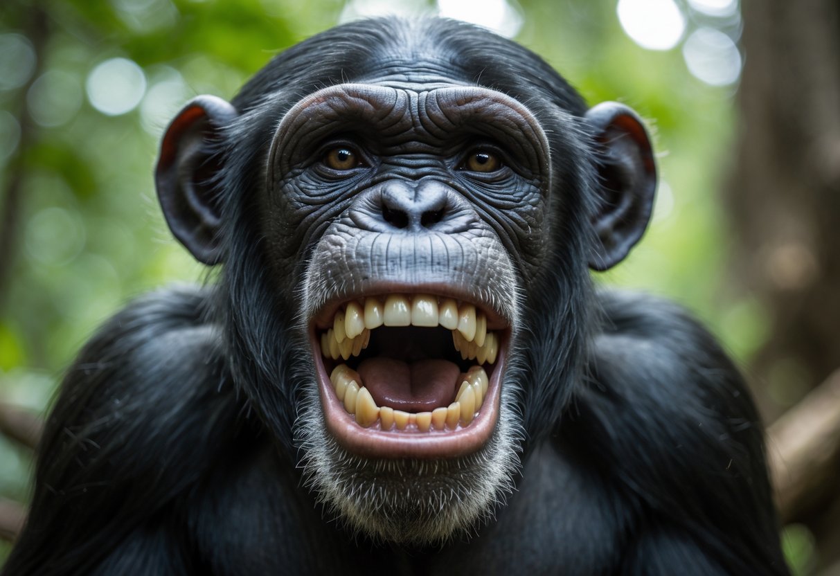 Close-up of a chimpanzee's face showing its teeth and strong jaw in a forest setting.