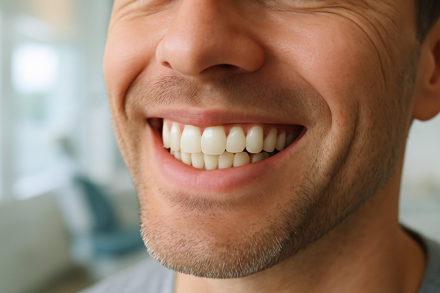 Close-up of a smiling adult showing clean, healthy teeth in a modern dental clinic.