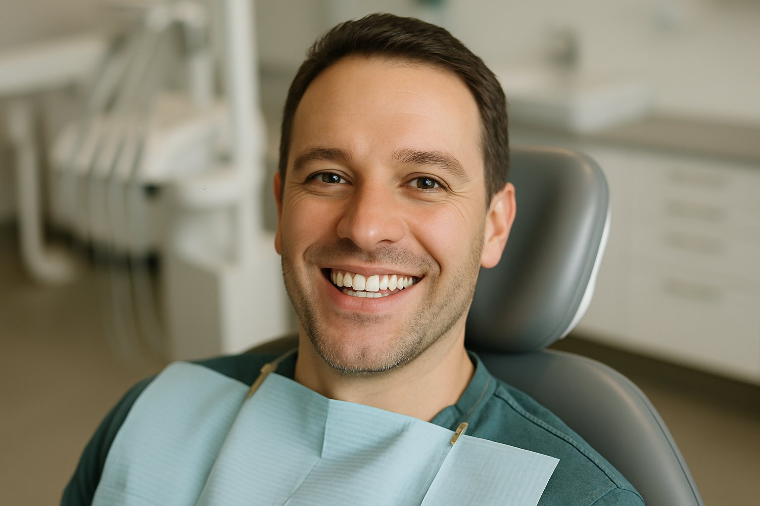 An adult patient smiling in a dental clinic, showing their healthy adult teeth.