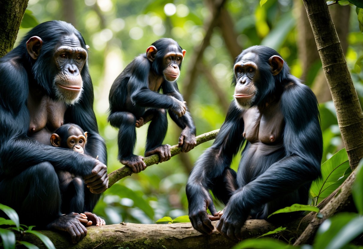 Three male chimpanzees at different ages—infant, juvenile, and adult—together in a lush forest setting.