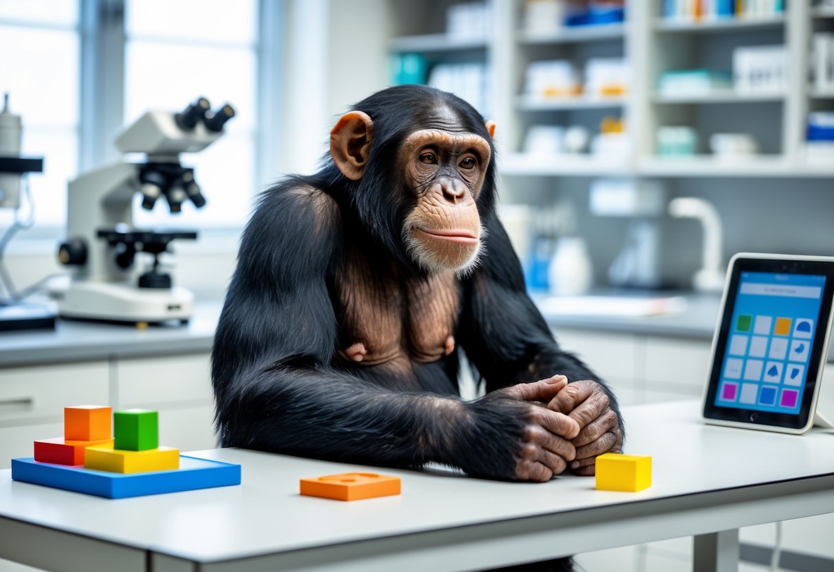 A chimpanzee sitting at a table with puzzle pieces and a tablet in a research laboratory.