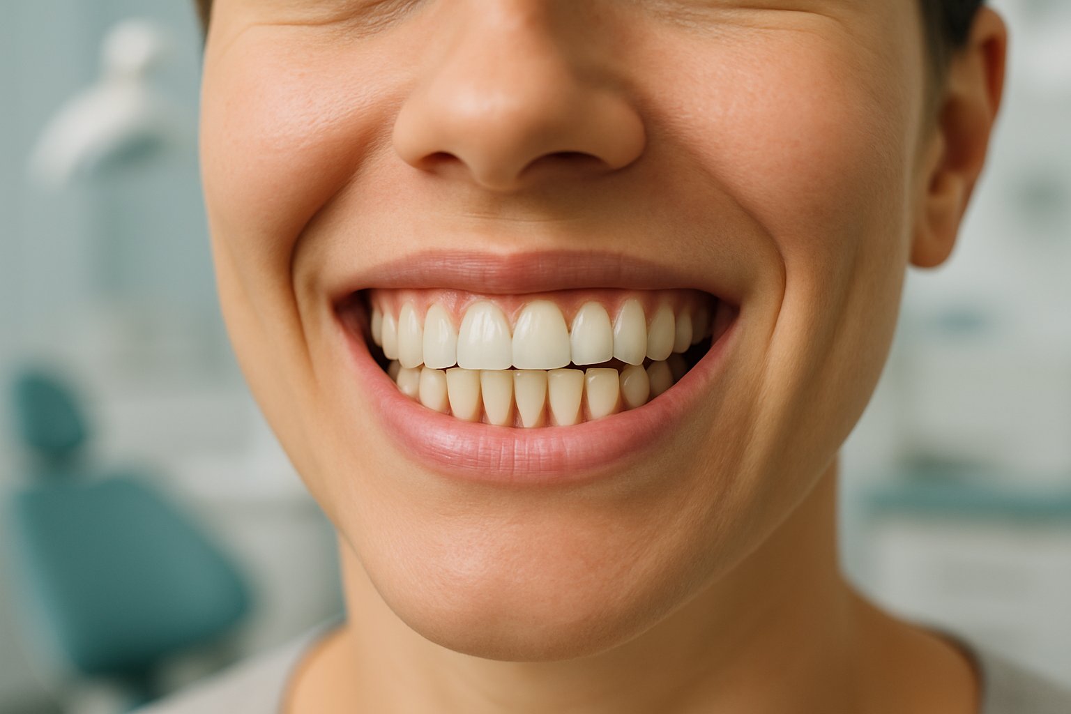 Close-up view of an adult mouth showing healthy adult teeth inside a modern dental clinic.