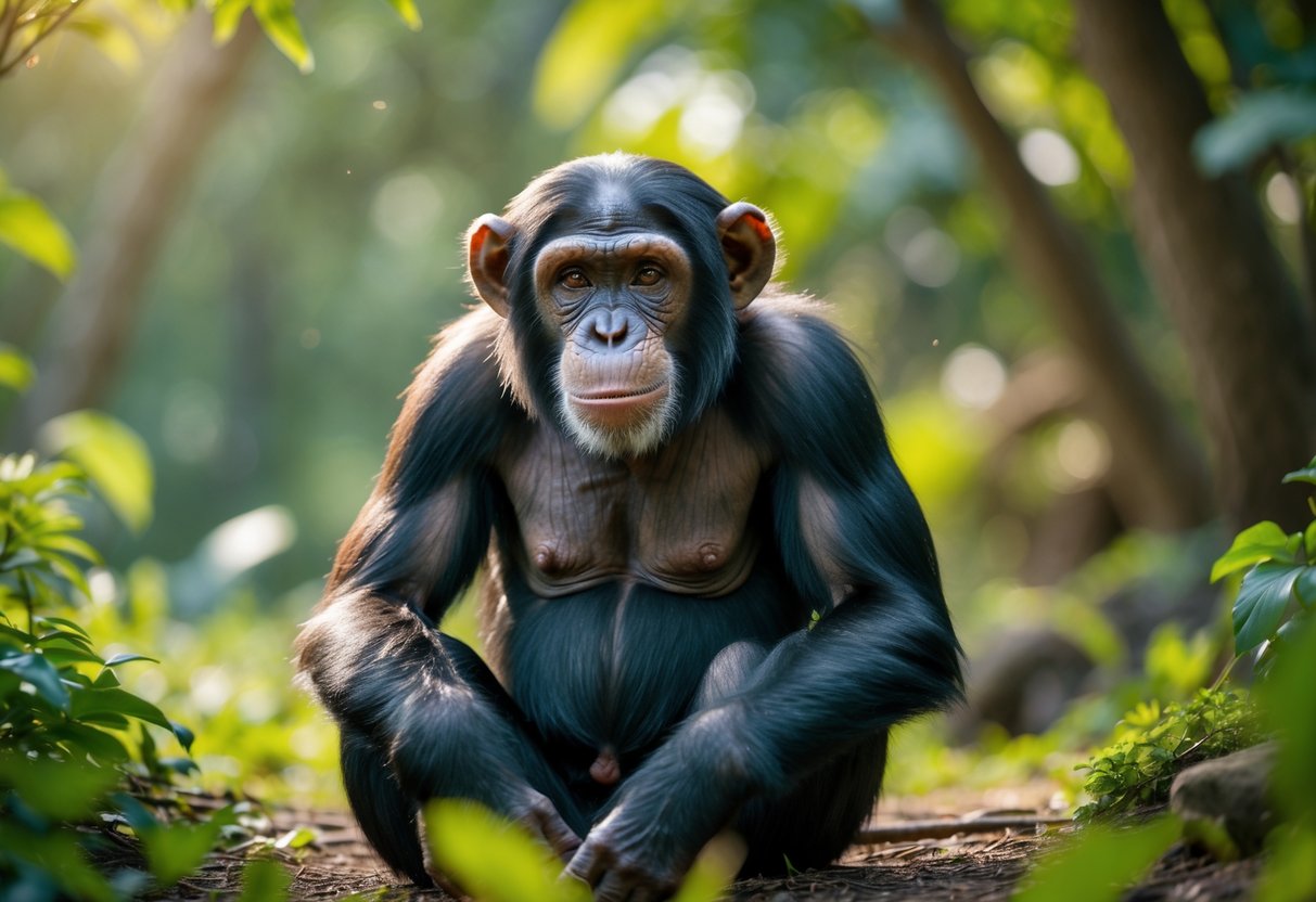 A chimpanzee sitting calmly on the ground in a green forest, looking gentle and curious.