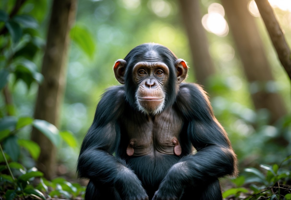 A chimpanzee sitting calmly on the forest floor surrounded by green plants, looking friendly and curious.