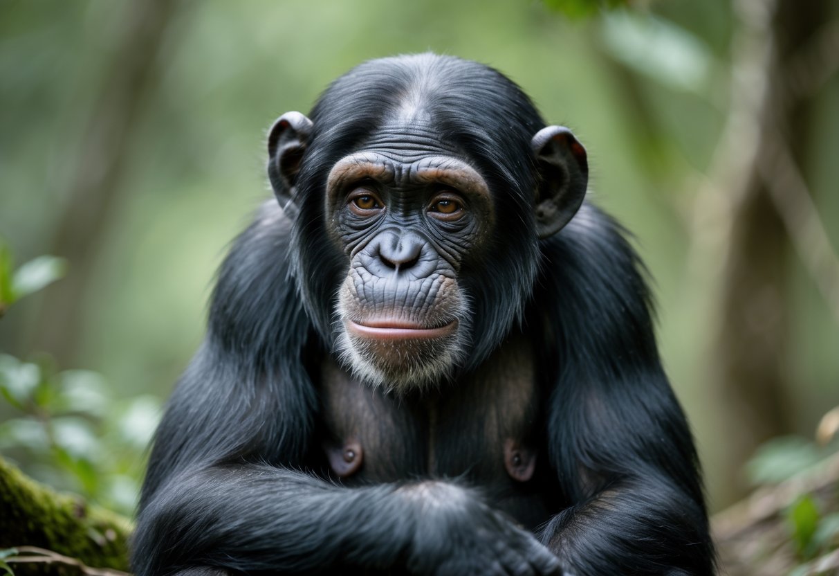 A chimpanzee sitting quietly in a forest with a thoughtful, sad expression.