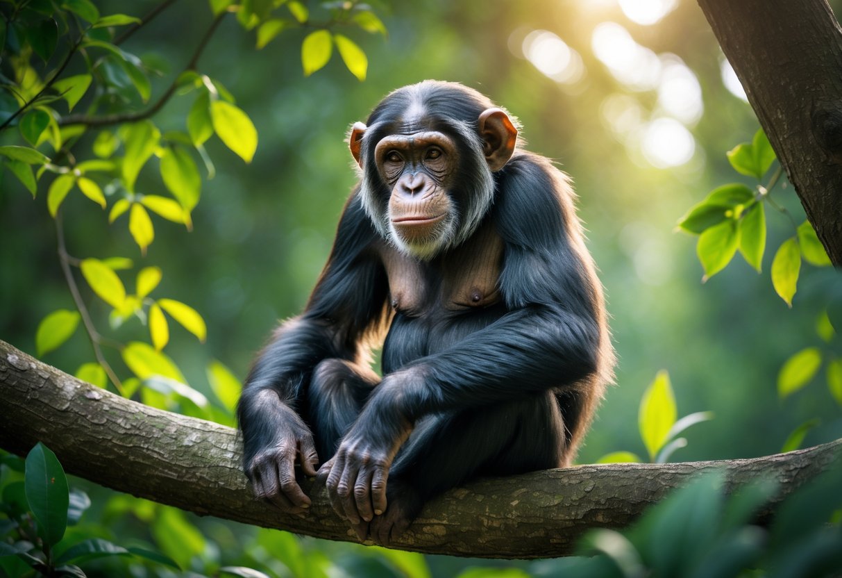 An elderly chimpanzee sitting on a tree branch in a green forest, looking calm and peaceful.