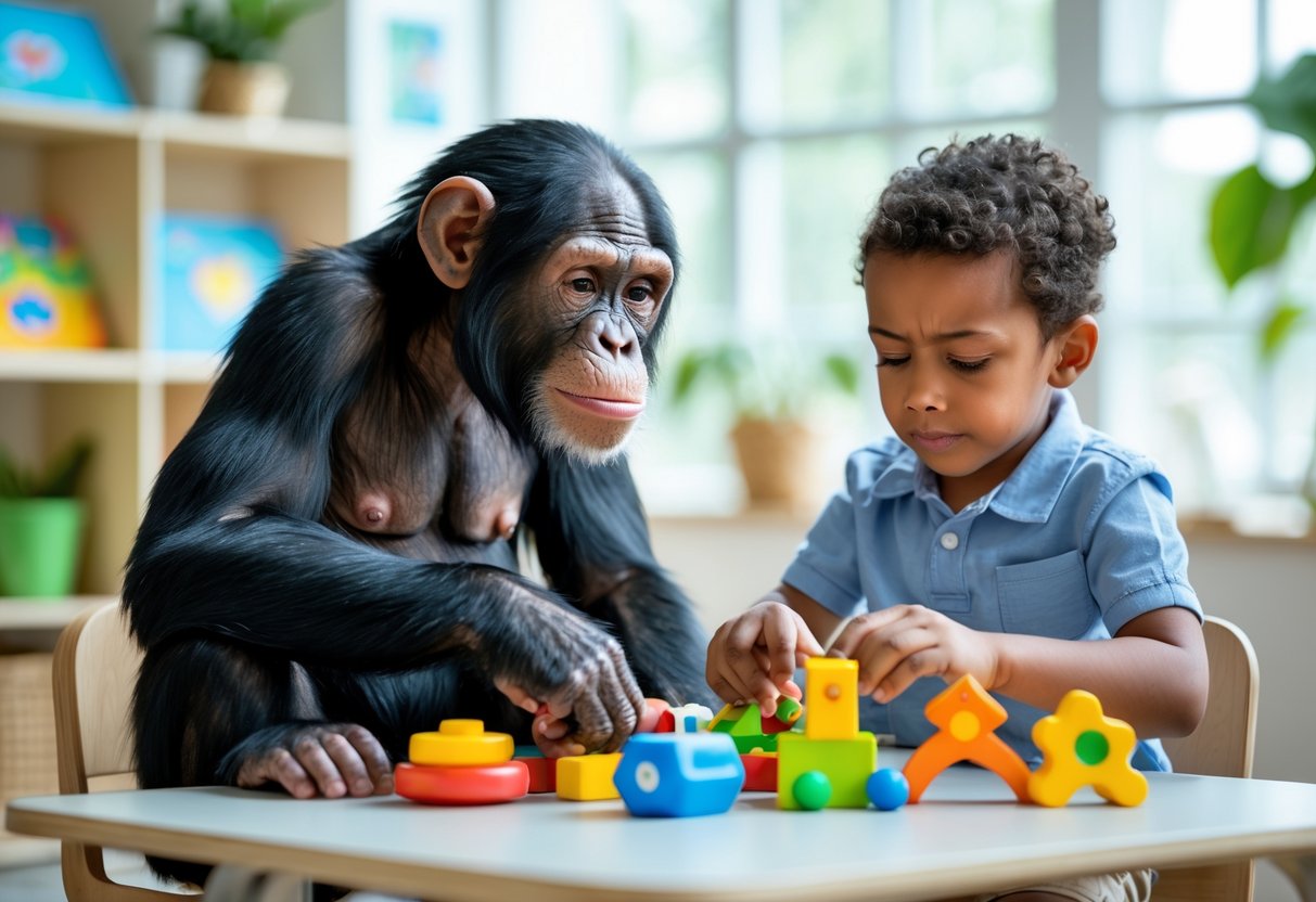 A young chimpanzee and a 7-year-old child sitting at a table, both focused on colorful educational toys and puzzles.