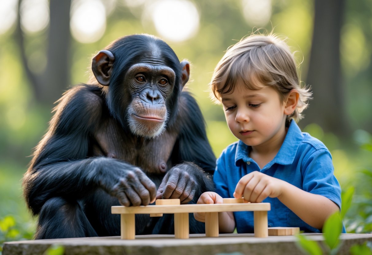 A young chimpanzee and a 7-year-old child sitting side by side outdoors, both focused on solving puzzles.