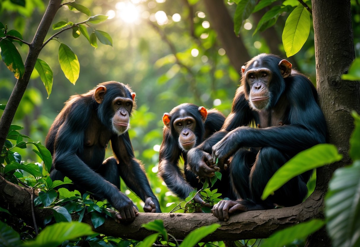 A group of chimpanzees in a forest foraging, grooming, and climbing trees.