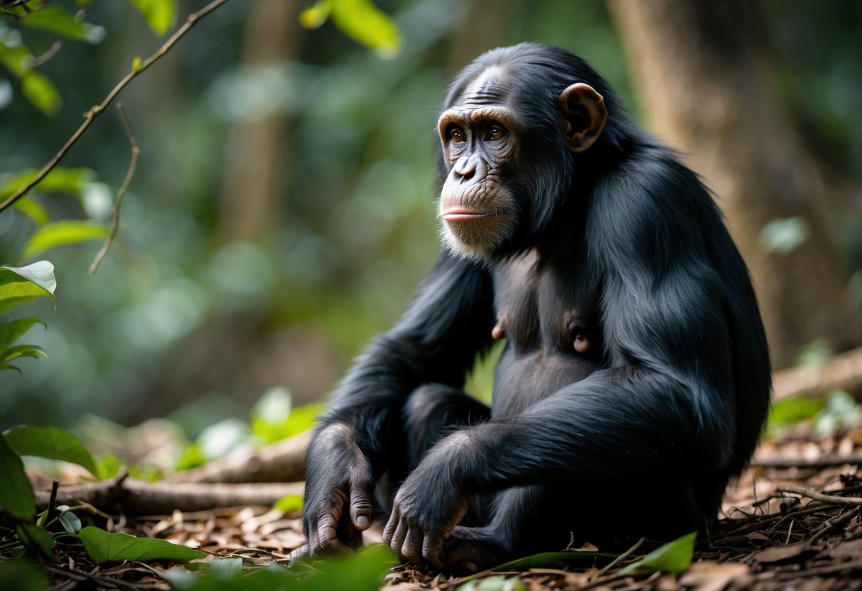 A close-up of a chimpanzee sitting on the forest floor surrounded by green foliage.