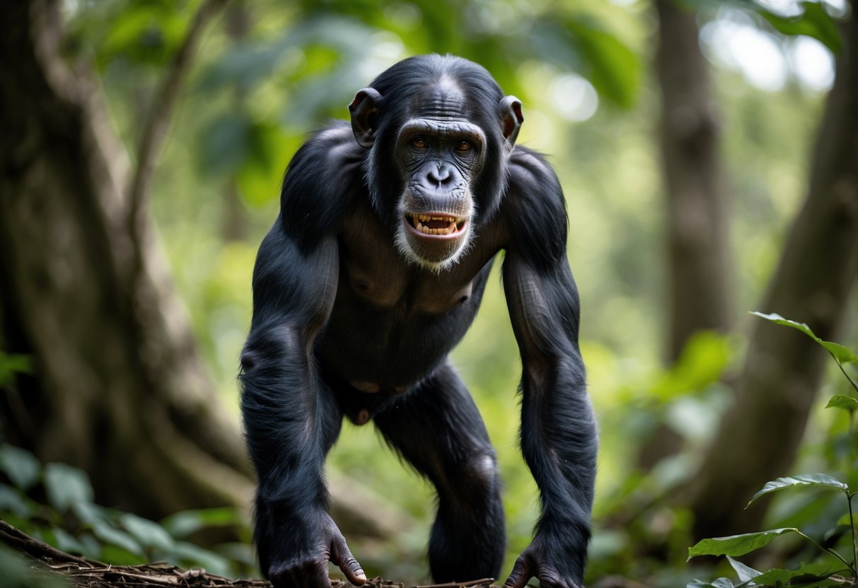 A young adult male chimpanzee showing a tense, slightly aggressive expression in a forest setting.