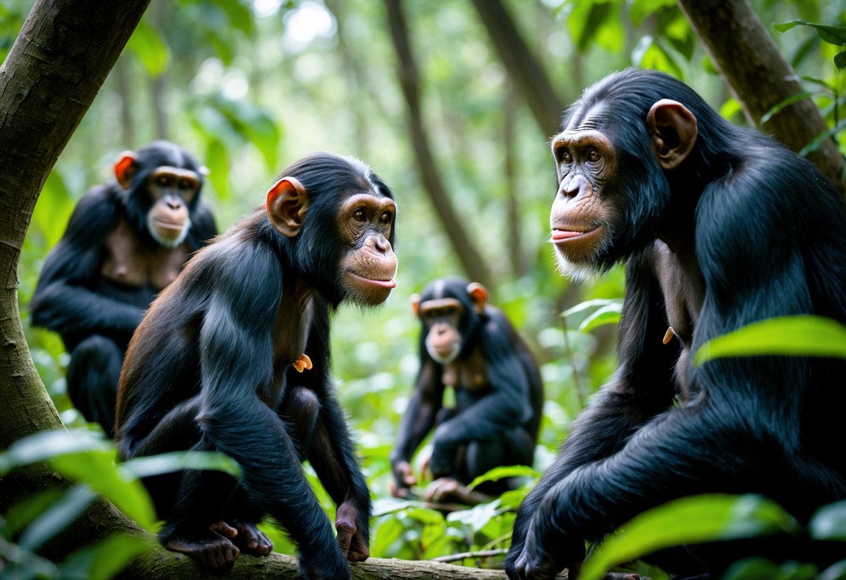 A group of chimpanzees of different ages in a forest, with a young chimpanzee showing signs of aggression while others observe or interact nearby.