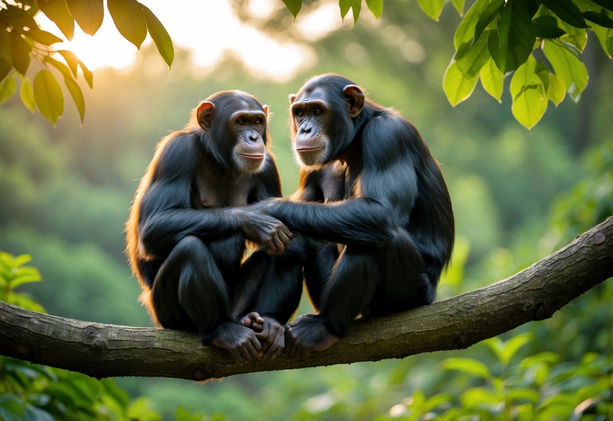 Two chimpanzees sitting closely together on a tree branch in a forest, showing gentle interaction.