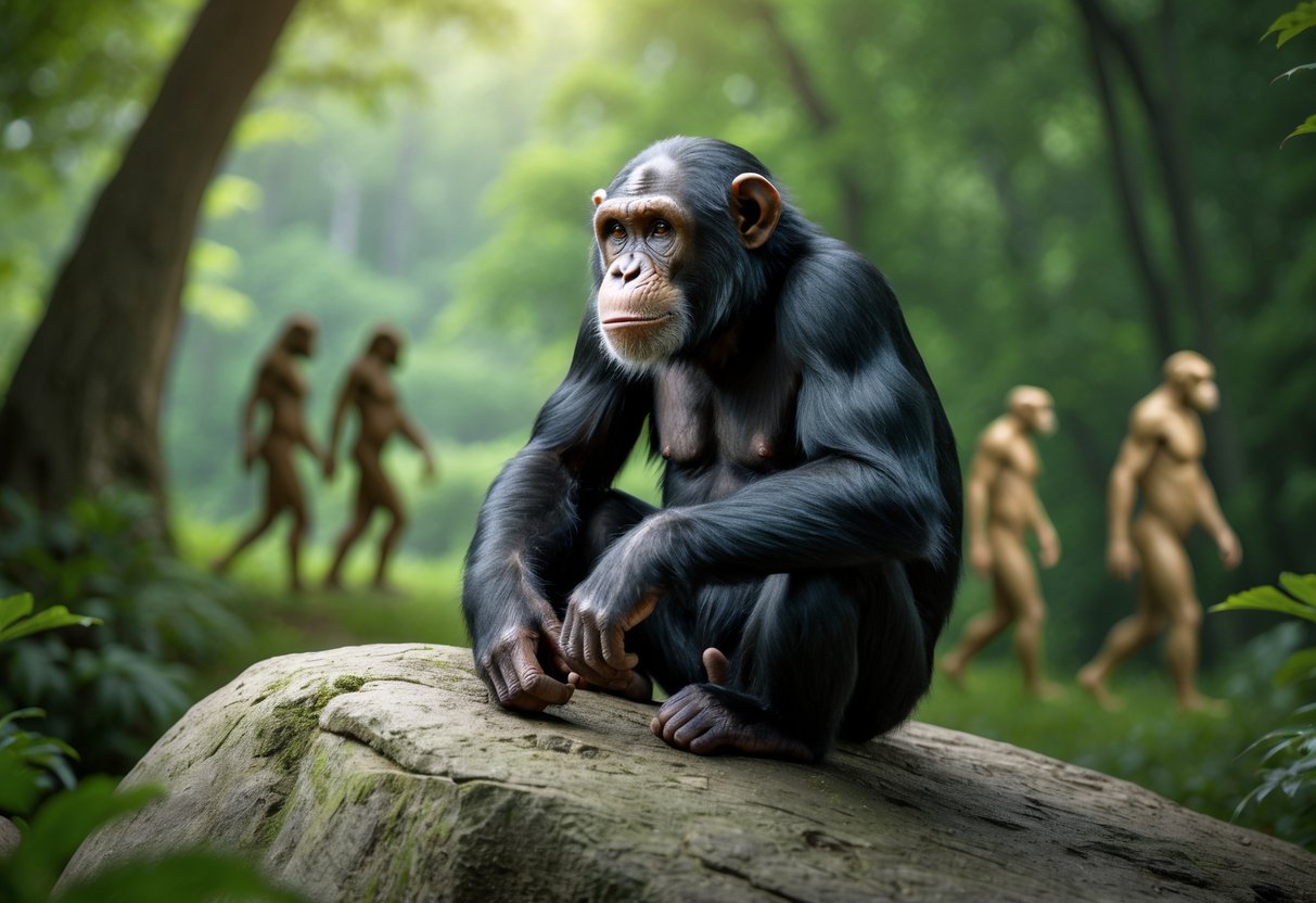 A chimpanzee sitting on a rock in a forest, looking thoughtfully into the distance with silhouettes of early human ancestors walking in the background.