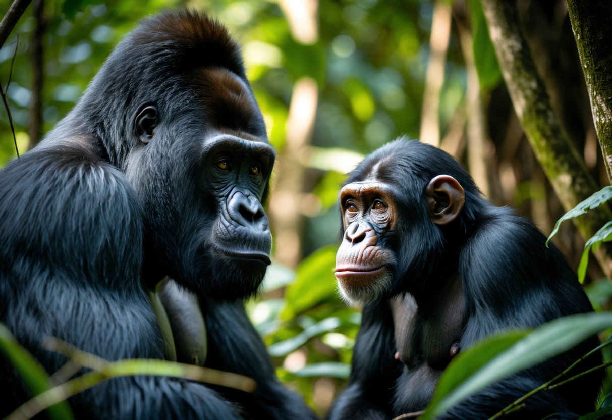 A gorilla and a chimpanzee facing each other in a dense rainforest surrounded by green foliage.