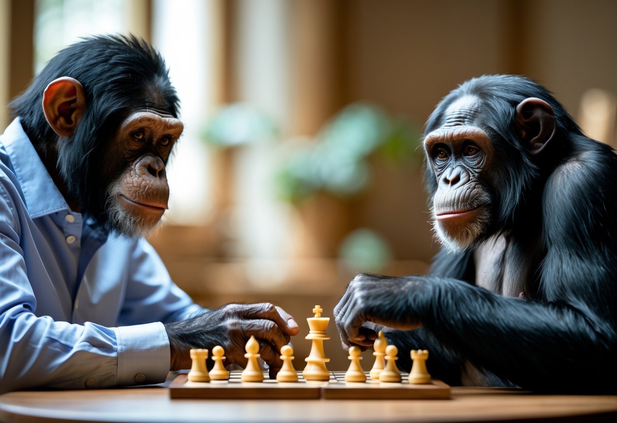 A human and a chimpanzee sitting side by side at a table, both focused on solving a puzzle together.