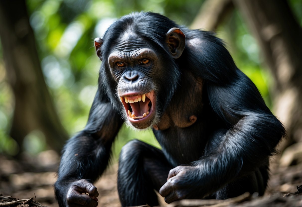 Close-up of an angry chimpanzee showing its teeth with a tense posture in a jungle setting.