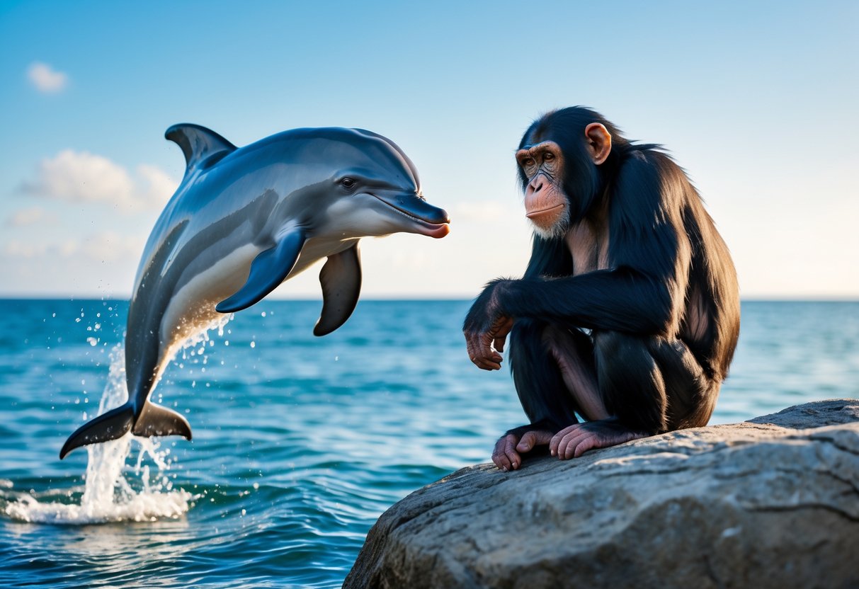 A dolphin jumping out of the ocean near a chimpanzee sitting on a rock by the shore.